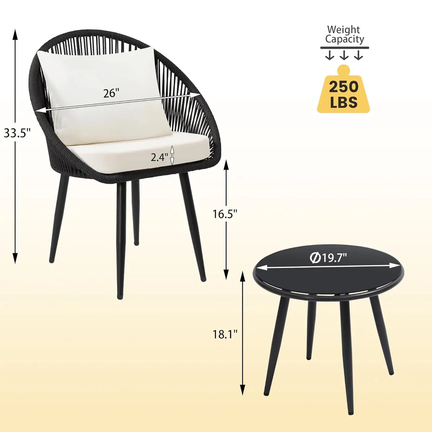 All Weather 3 Piece Bistro Set With Cushioned Rope Chairs