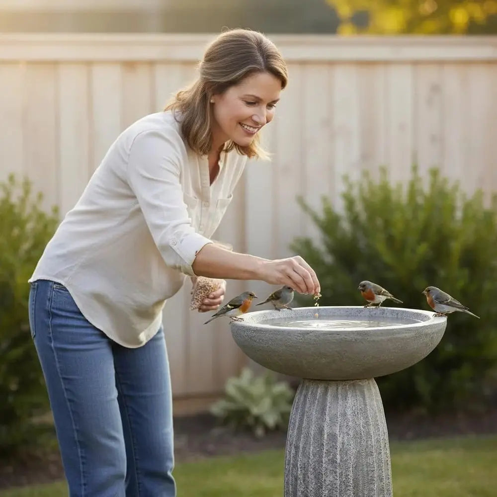 Fiber Reinforced Concrete Bird Bath With Textured Pedestal Outdoor Decor
