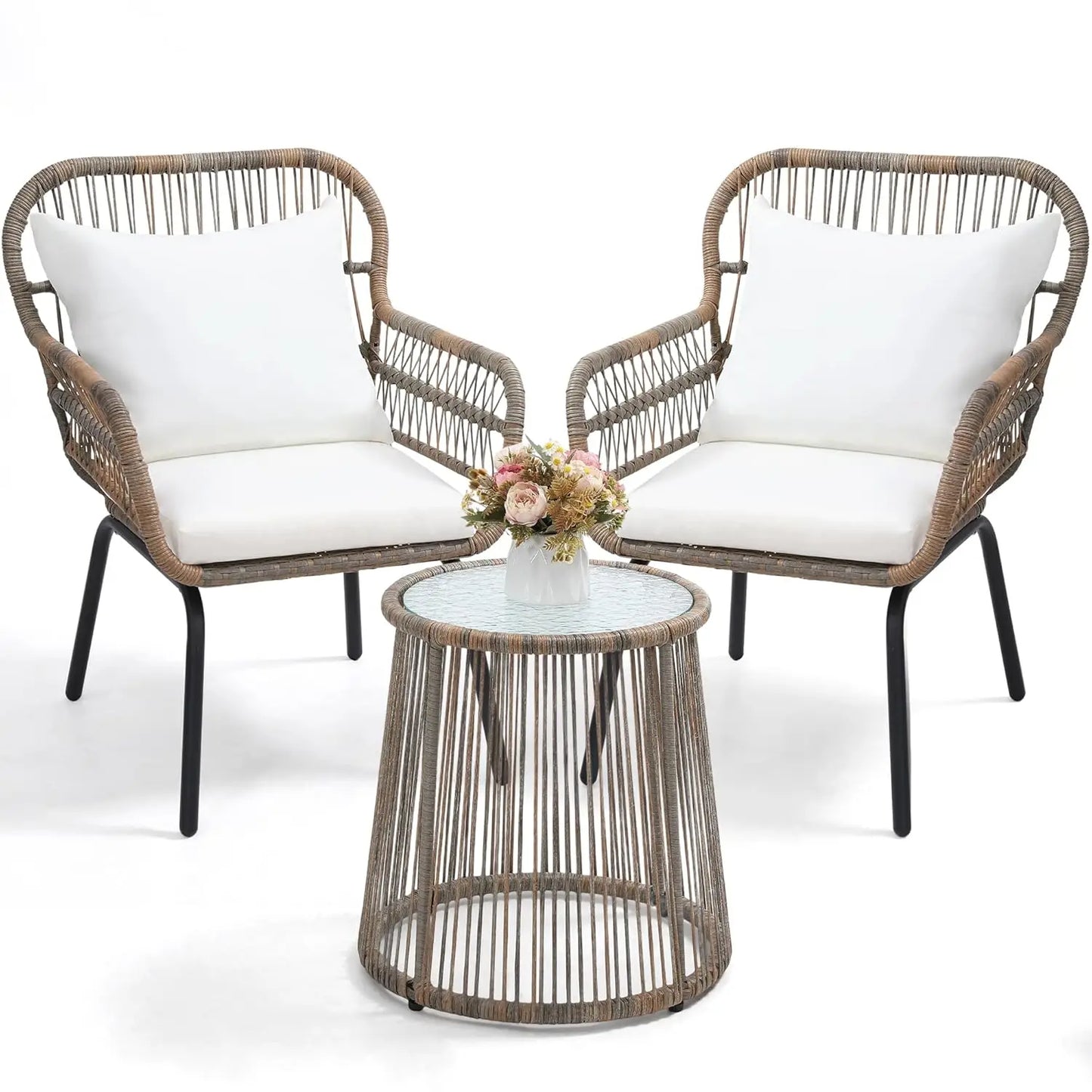 All Weather 3 Piece Bistro Set With Cushioned Rope Chairs