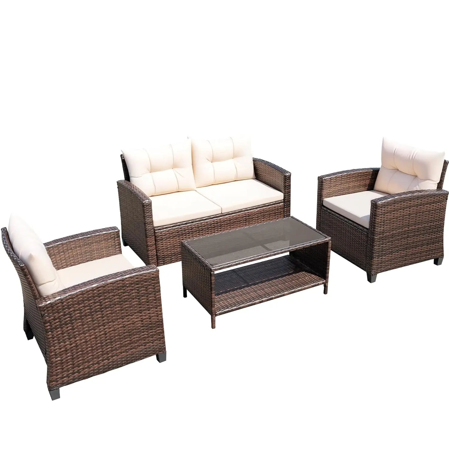 All-Weather PE Rattan 4-Piece Patio Conversation Set With Glass Table