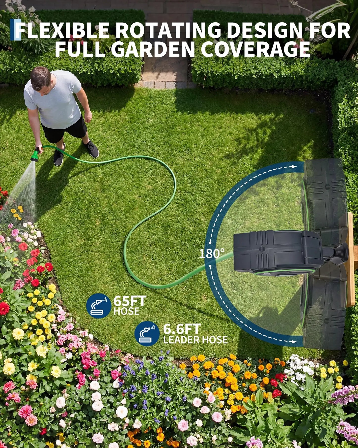 Retractable Garden Hose Reel 1/2 x 65/100 ft & 5/8 x 65/90 ft, 180° Wall Mount Swivel, Auto Rewind For Yard Use