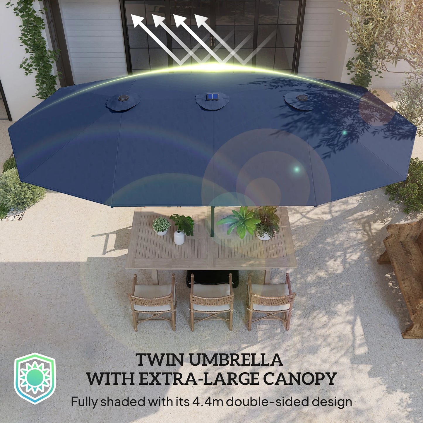 Double-Sided Sun Umbrella, Outdoor Garden Parasol, Patio Sun Shade with Led Solar Light, Sand Base, Navy Blue