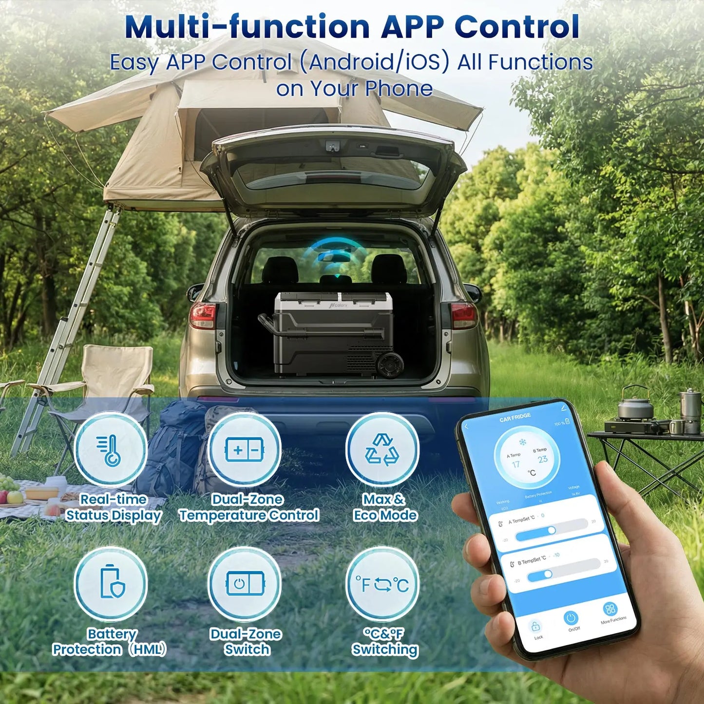 Hcalory PM+ Series Car Refrigerator 40L 50L Independent Dual Zone Smart App -20°C to 20°C 12V 24V 230V Wheels Divider 45dB Quiet for Motorhome Truck Camping