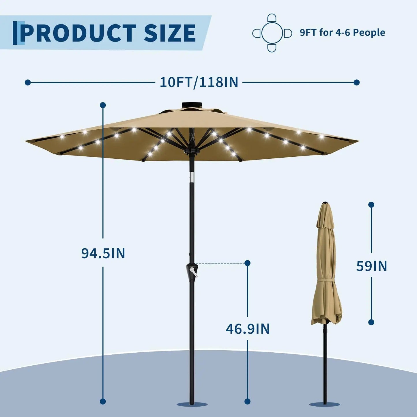 10FT Solar Powered Patio Umbrella With 32 LED Lights Khaki Large Outdoor Parasol Crank Lift And Push Button Tilt System 8 Sturdy Ribs UV Protection Waterproof Sun Umbrella For Garden Pool And Table
