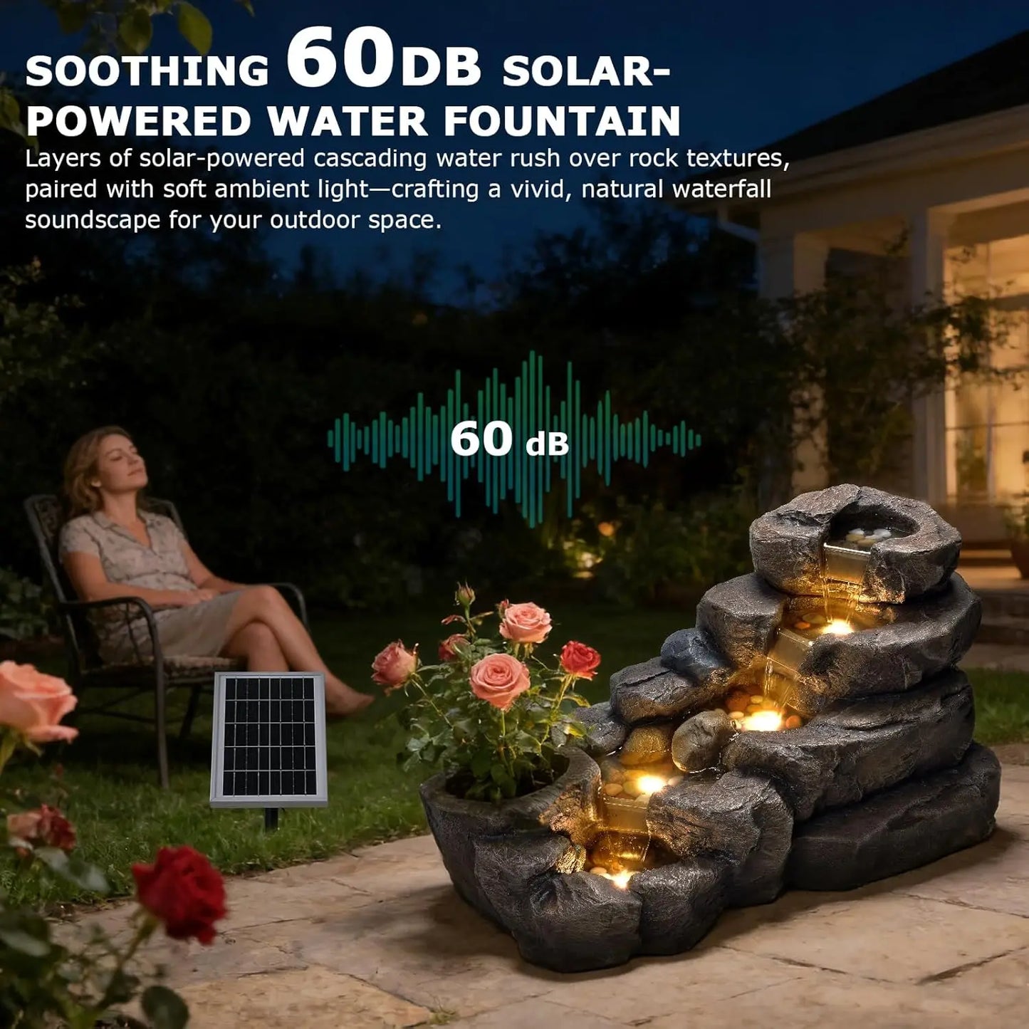 Solar Powered 5-Tier Rock Water Fountain Outdoor Garden