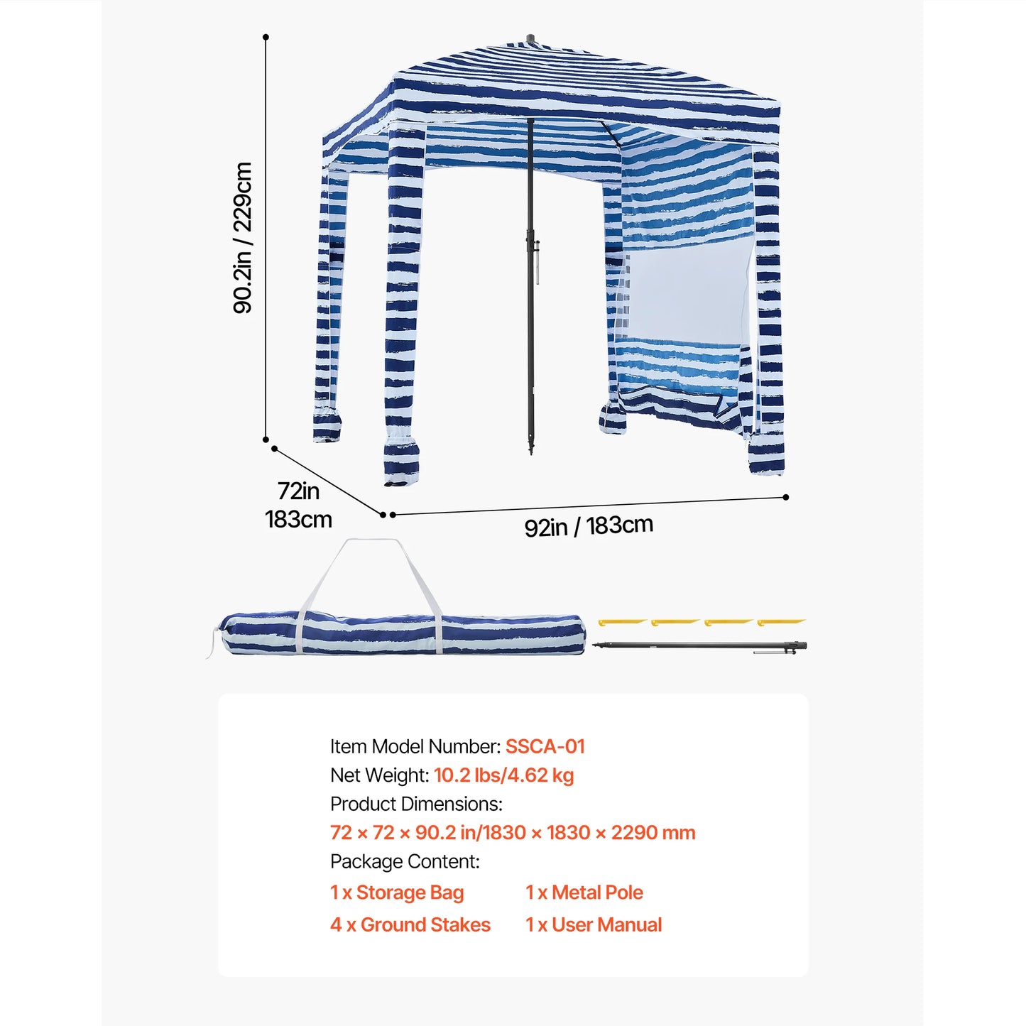 VEVOR Beach Cabana 6 x 6ft/8 x 8ft Beach Canopy with Side Wall Shade Sun Shelter Umbrella with Sand Pockets for Whole Family