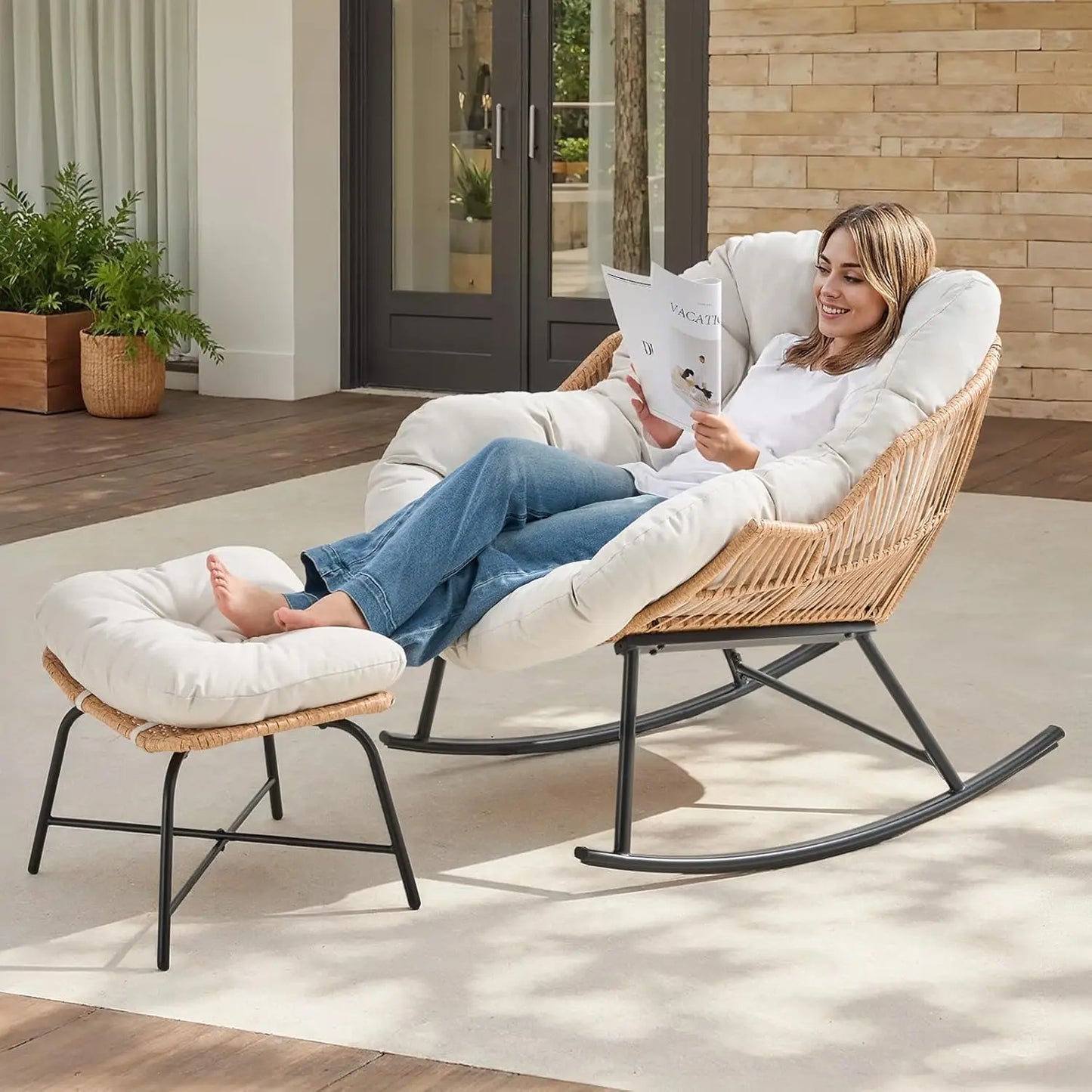 Papasan Rocking Chair With Ottoman For Indoor And Outdoor Living