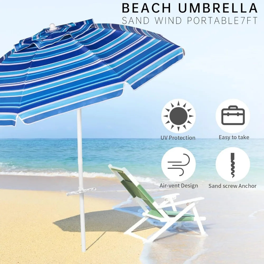 65FT Beach Umbrella Tilt Pole Sand Anchor Carry Bag UPF50 Sun Shelter Air Vents Outdoor Navy White