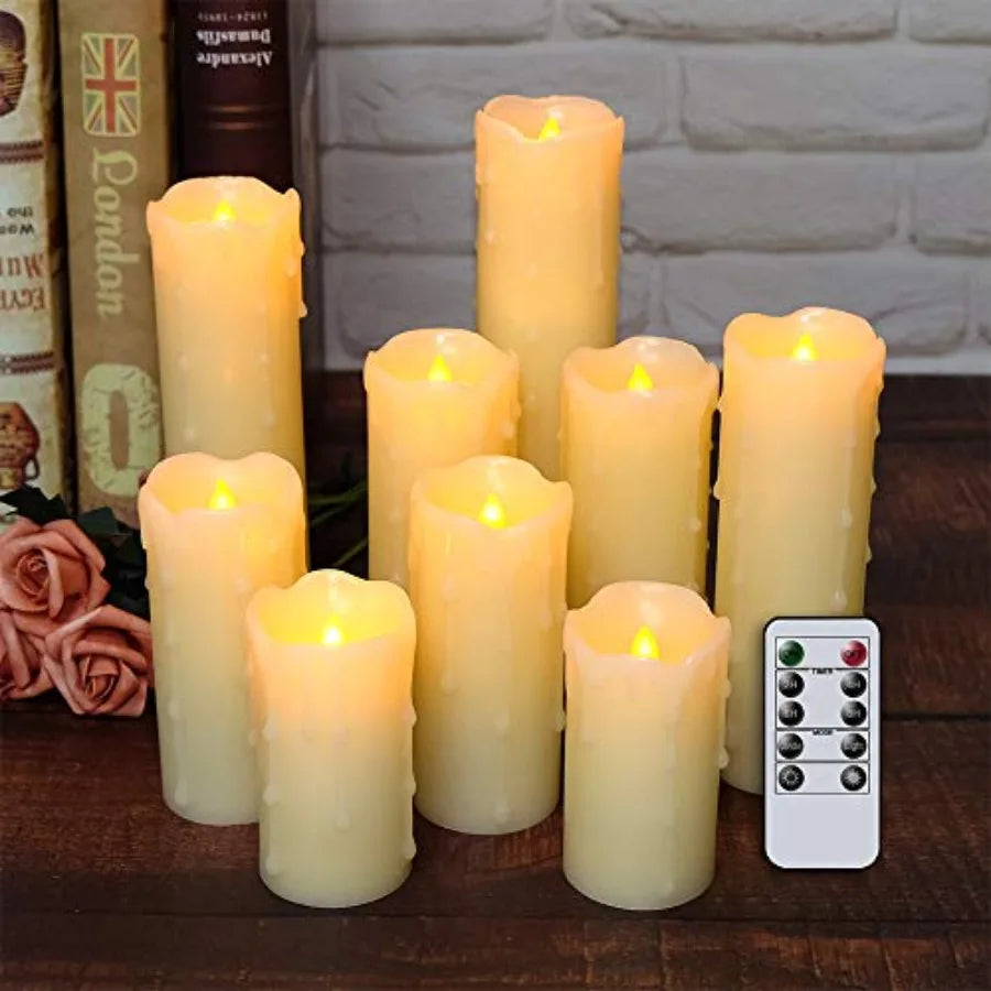 Flameless Flickering LED Real Wax Pillar Candles Set Of 9 With Remote And Timer