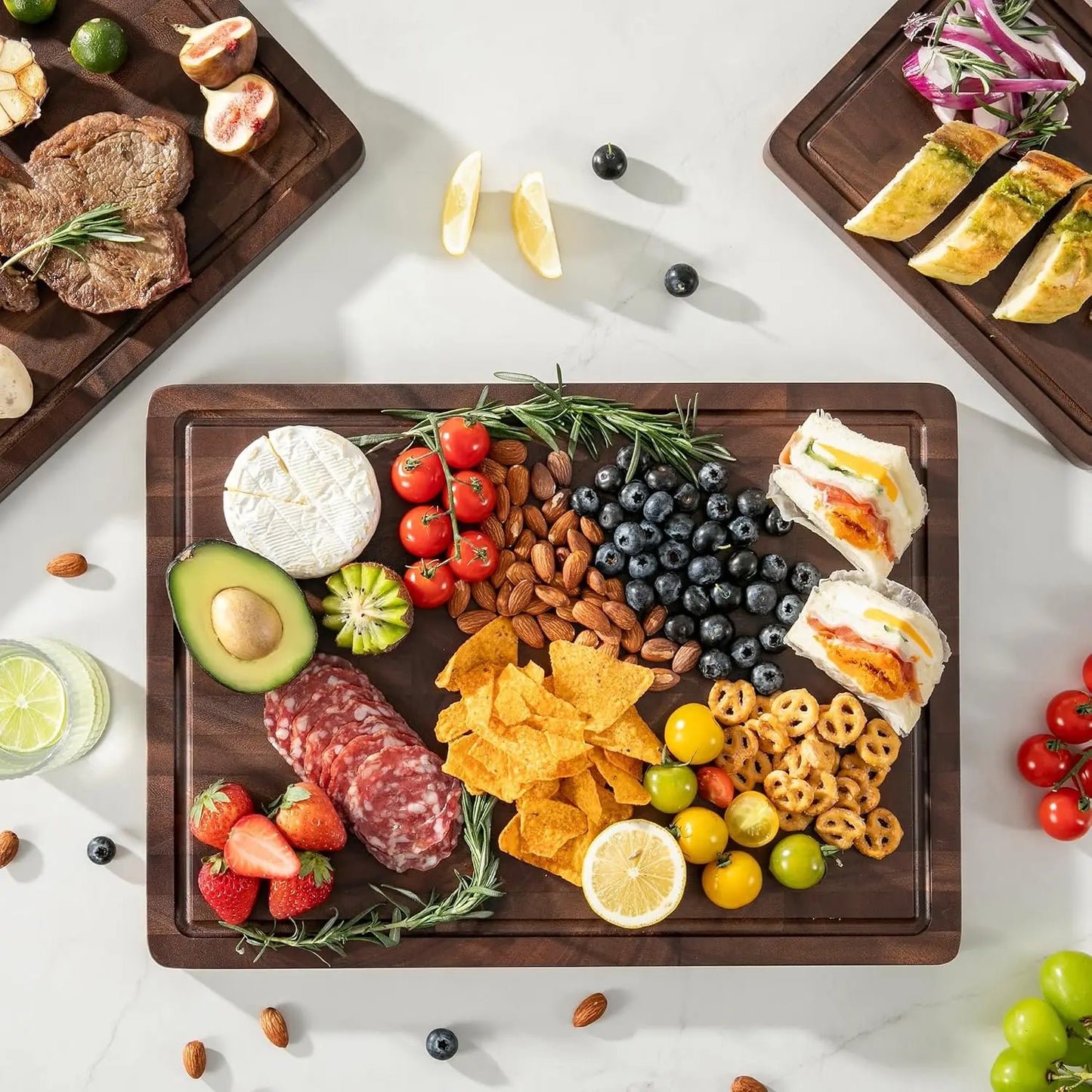 Walnut End Grain Cutting Board Set, Double Sided Butcher Block with Handle, Non Toxic Wooden Charcuterie Board for Kitchen, Gift Box