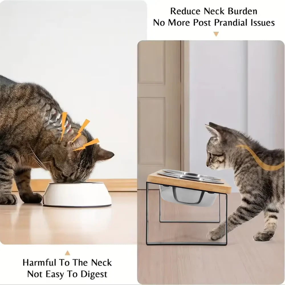 Elevated Tilted Cat Bowls With Wooden Stand And Stainless Bowls