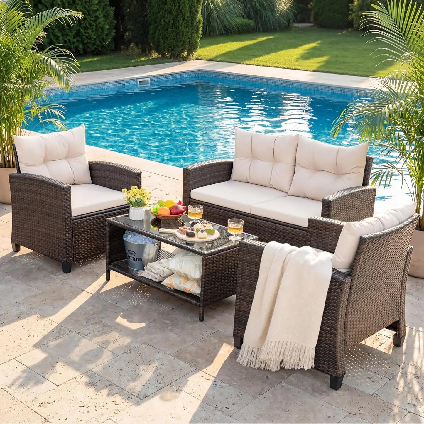 All-Weather PE Rattan 4-Piece Patio Conversation Set With Glass Table