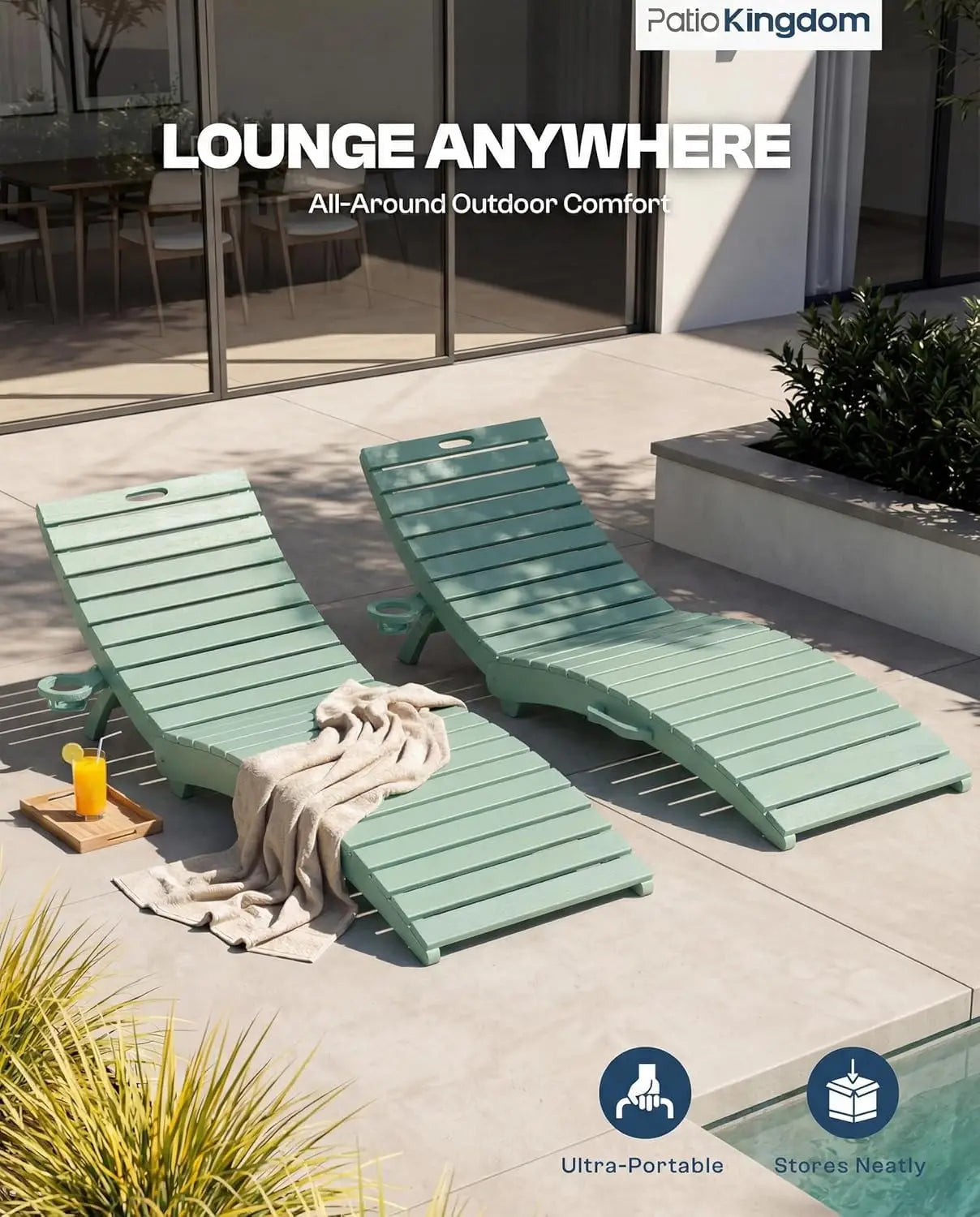 HDPE Pool Lounge Chairs Foldable Outdoor Chaise Loungers Cup Holder