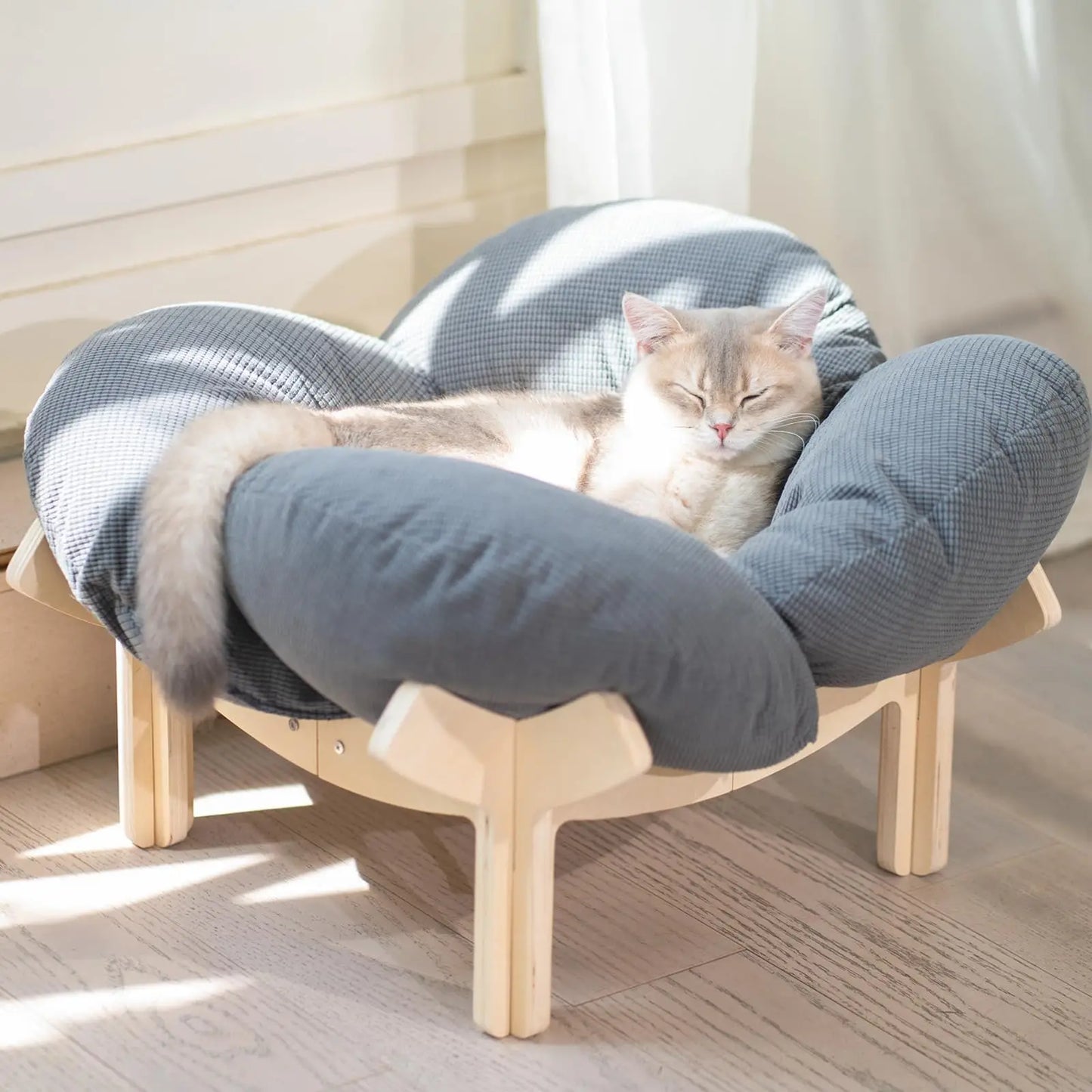 Elevated Cat Bed Wooden with Cushion Fluffy Pet Couch Sofa for Indoor Cats Raised Kitty Lounge Chair Suitable for