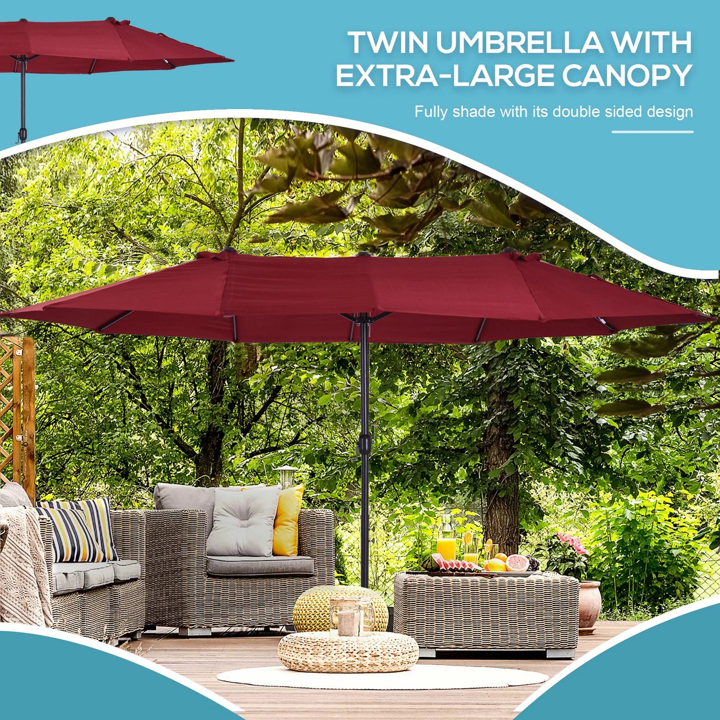 Extra Large 15ft Patio Umbrella, Double-Sided Outdoor Umbrella with Crank Handle and Air Vents for Backyard, Deck, Pool, Market, Red