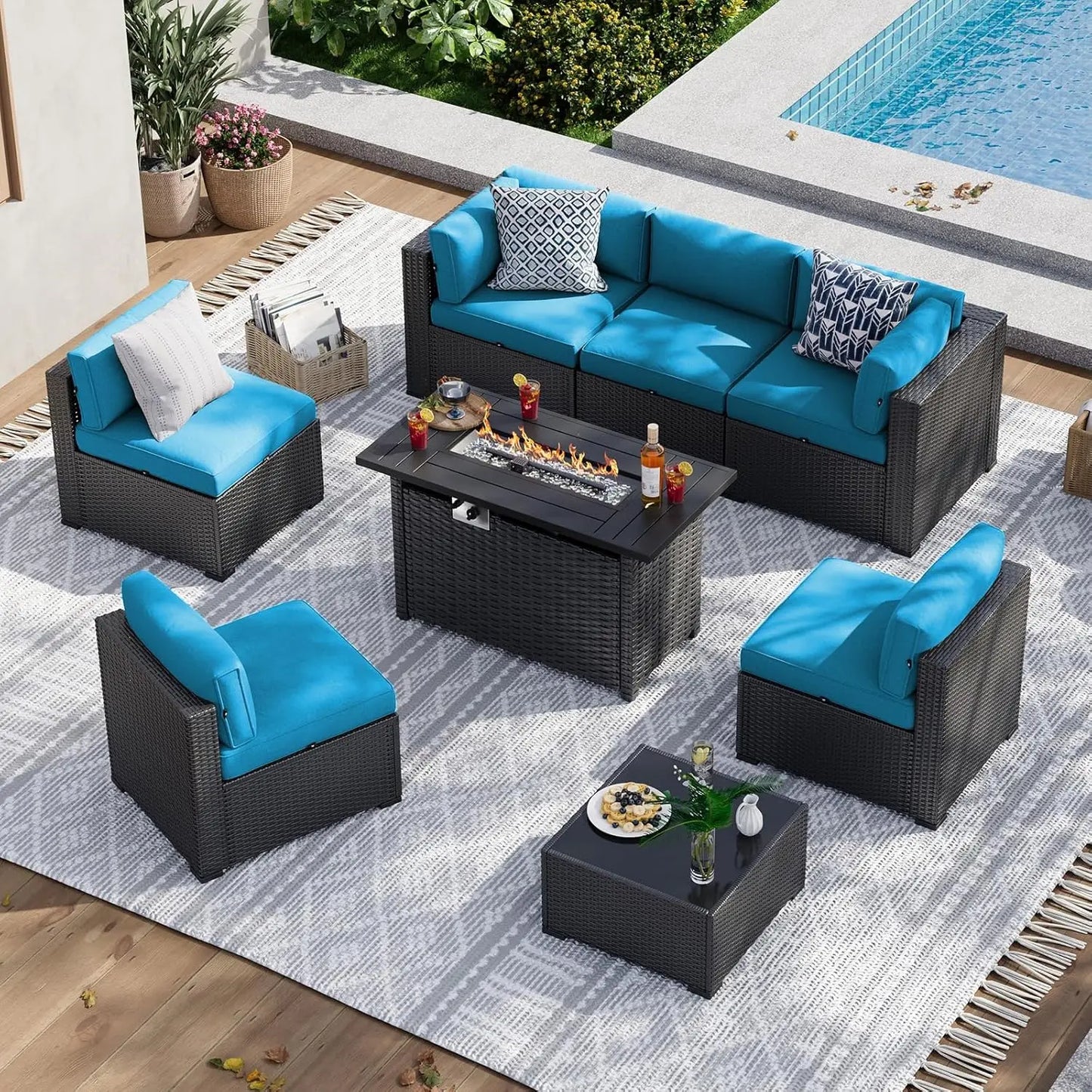 Patio Furniture Set With Fire Pit Table And Wicker Sofa