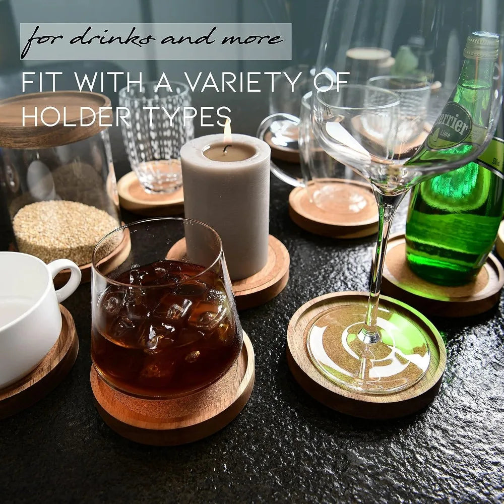 Rustic Acacia Wood Coasters Set of 6, Absorbent Cork Inserts, 4.13 Inch, Stackable Cup Holders for Tables
