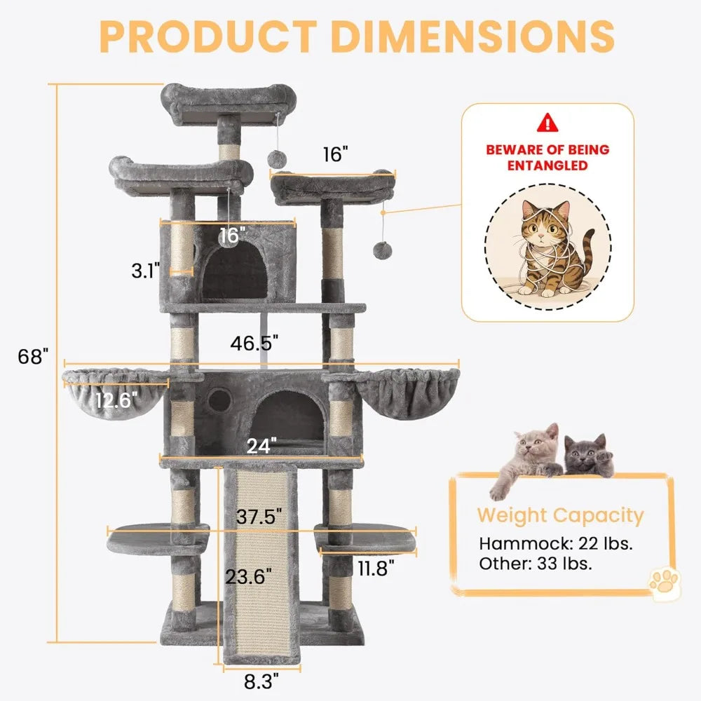 Cat Tree Multi Level Condo With Scratching Posts And Hammocks For Multiple Cats